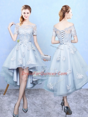 Simple Light Blue Short Sleeves Lace High Low Vestidos de Damas