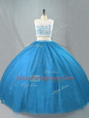 Nice Blue Zipper Scoop Beading Sweet 16 Dress Tulle Sleeveless