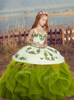Olive Green Lace Up Little Girls Pageant Gowns Embroidery and Ruffles Long Sleeves Floor Length