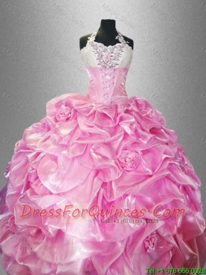 Beautiful Halter Top Quinceanera Dresses with Pick Ups and Hand Made Flowers