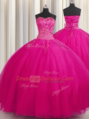 Lovely Big Puffy Fuchsia Sweetheart Neckline Beading Vestidos de Quinceanera Sleeveless Lace Up