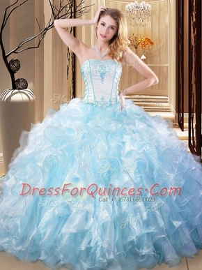 Light Blue Sleeveless Floor Length Embroidery and Ruffles Lace Up Quinceanera Gowns