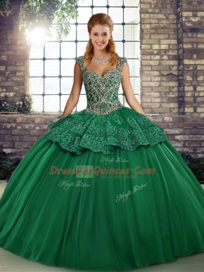 Trendy Straps Sleeveless Tulle 15th Birthday Dress Beading and Appliques Lace Up