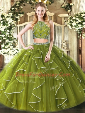 Artistic Olive Green Sleeveless Floor Length Beading and Ruffles Zipper 15 Quinceanera Dress