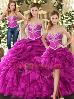 Sleeveless Floor Length Beading and Ruffles Lace Up Quinceanera Gowns with Fuchsia
