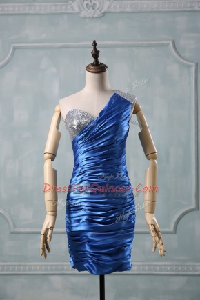 Superior Blue One Shoulder Neckline Beading Party Dresses Sleeveless Zipper