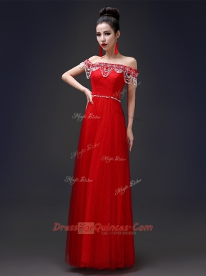 Flirting Off the Shoulder Tulle and Lace Sleeveless Floor Length Prom Party Dress and Beading