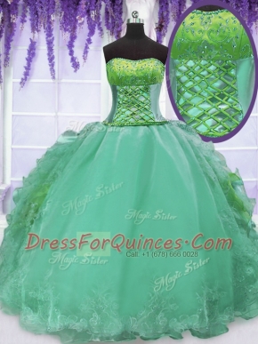 Turquoise Organza Lace Up Strapless Sleeveless Floor Length 15 Quinceanera Dress Embroidery and Ruffles