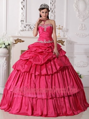 Hot Pink Ball Gown Sweetheart Floor-length Taffeta Beading and Ruch Detachable Quinceanera Dress