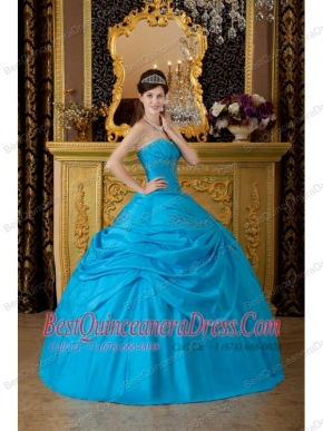 Blue Ball Gown Strapless Floor-length Appliques Taffeta Quinceanera Dress