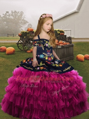 Fuchsia Straps Embroidery and Ruffles Little Girls Pageant Dress Wholesale Sleeveless