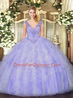 Floor Length Lace Up Sweet 16 Quinceanera Dress Lavender for Military Ball and Sweet 16 and Quinceanera with Beading and Ruffles