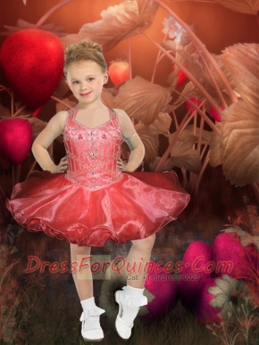 Popular A-Line Halter Mini-length Beading Coral Red Little Girl Dress