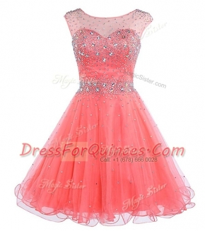 Scoop Sleeveless Mini Length Beading Watermelon Red Chiffon