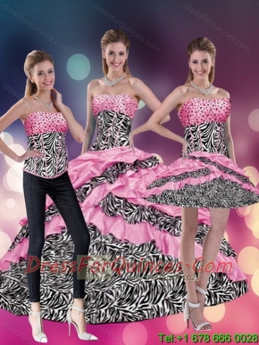 Pretty 2015 Pink Zebra Strapless Printed Quinceanera Dresses with Beading