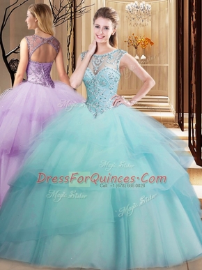 Ruffled Scoop Sleeveless Brush Train Lace Up Quinceanera Dress Light Blue Tulle