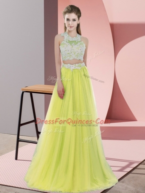 Yellow Two Pieces Lace Quinceanera Dama Dress Zipper Tulle Sleeveless Floor Length