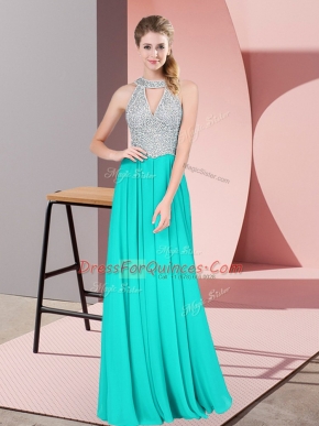 Modest Halter Top Sleeveless Backless Teens Party Dress Turquoise Satin