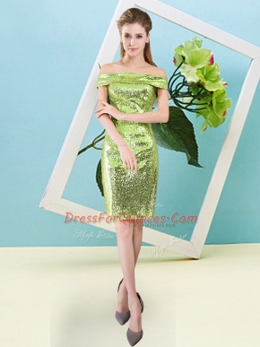 Sequined Off The Shoulder Short Sleeves Zipper Sequins Prom Gown in Yellow Green