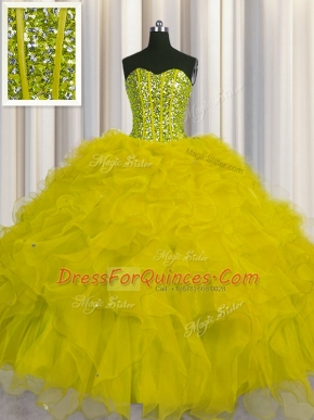 Nice Visible Boning Tulle Sleeveless Floor Length Quince Ball Gowns and Beading and Ruffles and Sequins