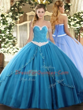 Baby Blue Sleeveless Brush Train Appliques Sweet 16 Dress
