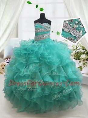Latest Turquoise Organza Lace Up Kids Formal Wear Sleeveless Floor Length Beading and Ruffles