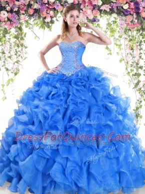 Luxury Sweetheart Sleeveless Organza Quince Ball Gowns Beading and Ruffles Sweep Train Lace Up