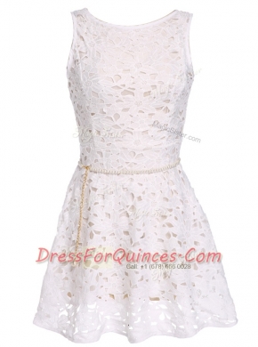 Glorious Scoop White Sleeveless Mini Length Lace and Belt Zipper Prom Dress