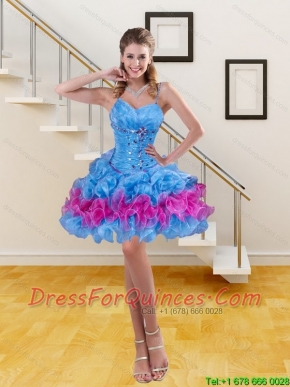 Cheap Spaghetti Straps Ruffled Layers and Beading Prom Dress in Blue
