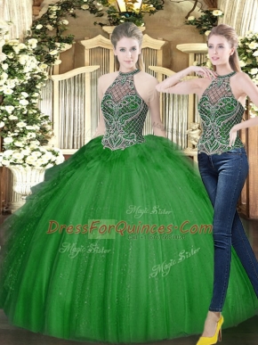 Dark Green Sleeveless Tulle Lace Up Quinceanera Gowns for Military Ball and Sweet 16 and Quinceanera