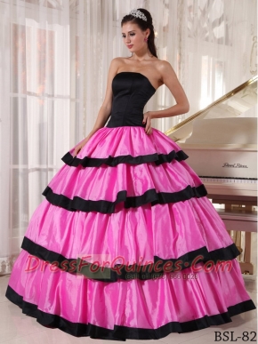 Elegant Rose Pink and Black Ball Gown Strapless Floor-length Taffeta Quinceanera Dress
