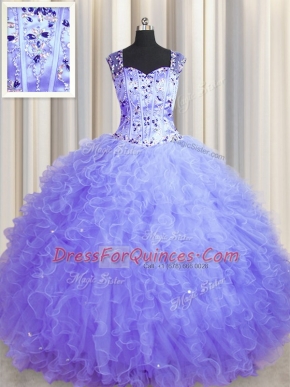 Artistic See Through Zipper Up Lavender Ball Gowns Beading and Ruffles Quinceanera Gown Zipper Tulle Sleeveless Floor Length