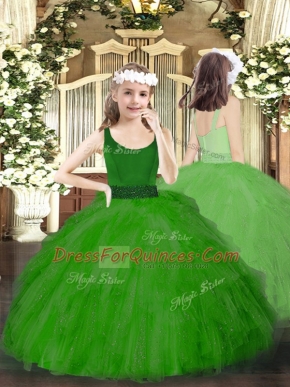 Stunning Floor Length Green Little Girl Pageant Gowns Tulle Sleeveless Beading and Ruffles