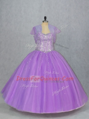 Lavender Lace Up Sweetheart Beading Sweet 16 Dresses Tulle Sleeveless