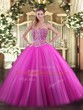 Fuchsia Ball Gowns Sweetheart Sleeveless Tulle Floor Length Lace Up Beading 15th Birthday Dress