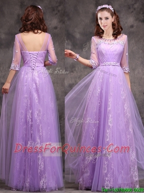 Popular Half Sleeves Lavender Prom Dresses with Appliques and Beading