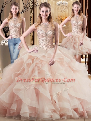 Dramatic Peach Quinceanera Dress Scoop Sleeveless Brush Train Lace Up