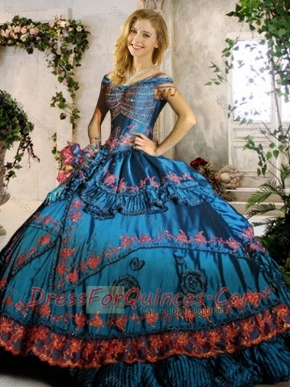 Off the Shoulder Teal Quinceanera Gown with Beading and Appliques