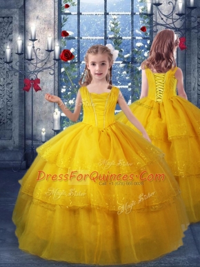 Floor Length Gold Kids Formal Wear Organza Sleeveless Ruffled Layers