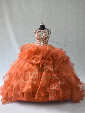 Affordable Rust Red Sweet 16 Dress Organza Sleeveless Beading and Ruffles