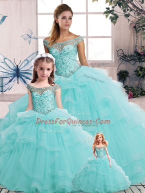 Floor Length Aqua Blue Quinceanera Dress Off The Shoulder Sleeveless Lace Up