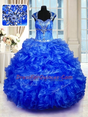 New Style Royal Blue Organza Lace Up Sweet 16 Quinceanera Dress Cap Sleeves Floor Length Beading and Ruffles