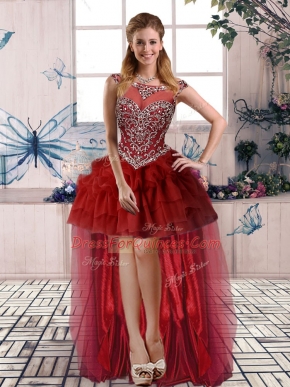 Custom Design Burgundy A-line Tulle Scoop Sleeveless Beading and Pick Ups High Low Zipper Prom Dresses