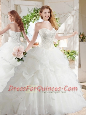 White Ball Gown Sweetheart Organza Court Train Beaded and Bubbles Quinceanera Dress