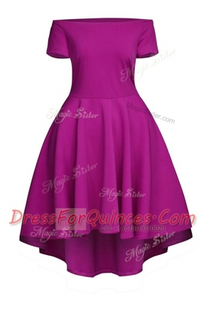 Inexpensive Ruching Prom Evening Gown Fuchsia Side Zipper Short Sleeves Tea Length