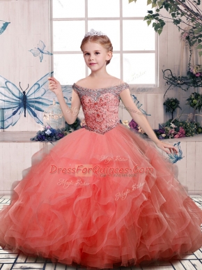 Great Peach Tulle Lace Up Little Girls Pageant Gowns Sleeveless Floor Length Beading and Ruffles
