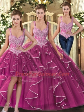 Sophisticated Fuchsia Sleeveless Beading and Ruffles Floor Length Ball Gown Prom Dress