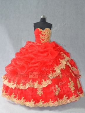 Pretty Red Sleeveless Floor Length Lace and Appliques and Pick Ups Lace Up Sweet 16 Dress
