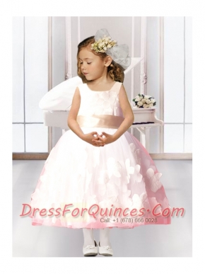 2014 Pretty Ball Gown Scoop Appliques Flower Girl Dress in Pink