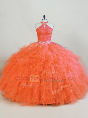 Affordable Floor Length Ball Gowns Sleeveless Orange Ball Gown Prom Dress Lace Up